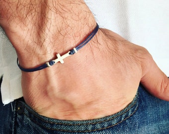 Men's Small Sideways Silver Plated Cross Friendship Bracelet - Charm Bracelet, Clasp Bracelet