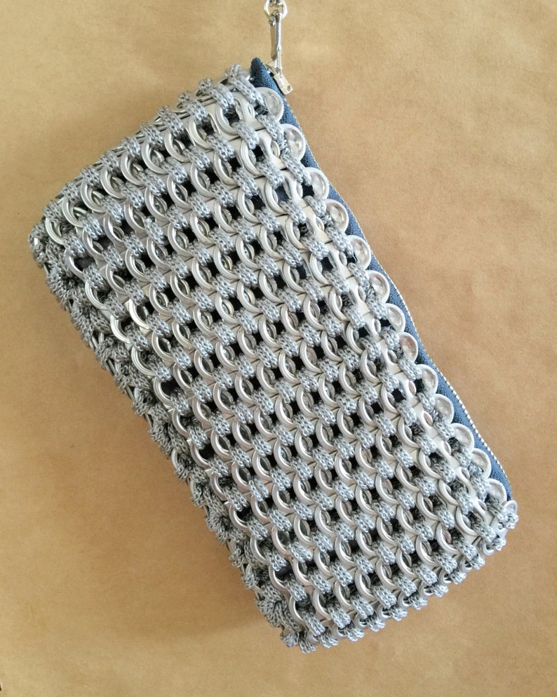 Soda Tab / Pop Tab Handmade Gray Crochet Clutch with Wristlet Chain Soda Tab Purse, Zipper Clutch image 2