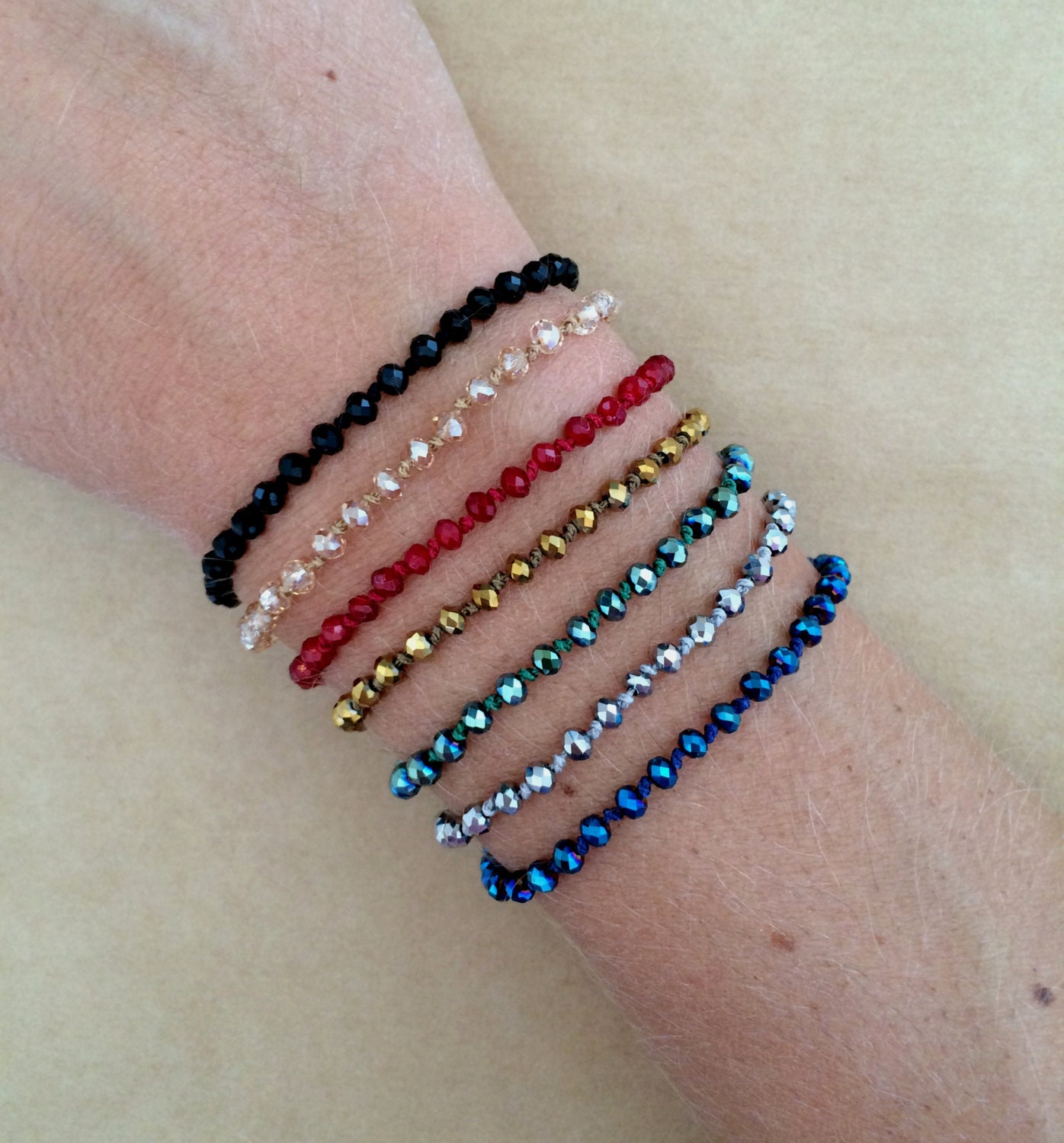 Sparkling Faceted Rondelle Crystal Glass Bead Friendship Bracelet - Adjustable Bracelet
