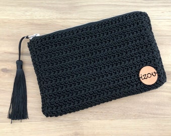 Handmade Black Crochet Clutch Bag with Zipper - Handbag, Wristlet, Purse, Felt, Women's, Gift for her