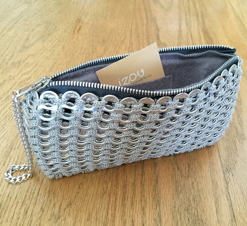 Soda Tab / Pop Tab Handmade Gray Crochet Clutch with Wristlet Chain Soda Tab Purse, Zipper Clutch image 1