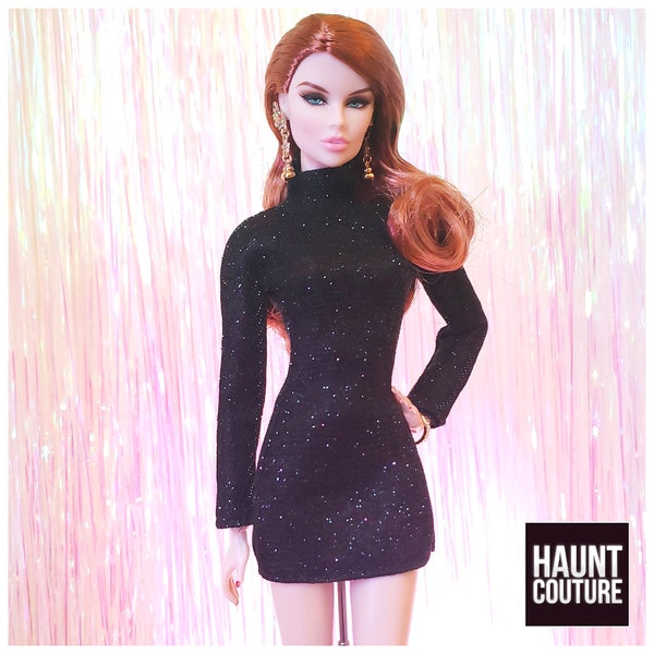 Haunt Couture Fashion Royalty Doll Clothes: "Black Glitter Sweater Dress" dress high winter fashion dress clothes | Chic |