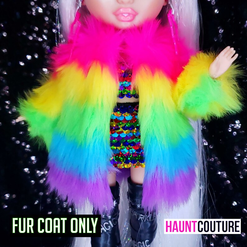 Haunt Couture Doll Clothes: 'Rainbow Fur Coat' dress high winter fashion rainbow dress clothes | Popstar | Disco 