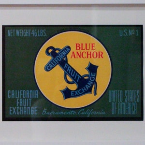 Vintage Fruit Crate Label Lithograph - Blue Anchor - California Fruit Exchange - 1930&#39;s - Blue, Yellow and Green