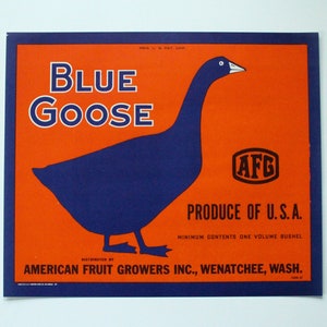 Vintage Fruit Crate Label Lithograph - Blue Goose - American Fruit Growers (AFG) - 1940&#39;s - Orange and Blue