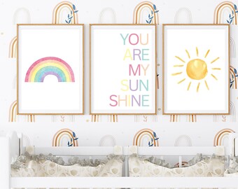 You Are My Sunshine Nursery, Wall Art Set of 3 Prints, Rainbow Nursery ...