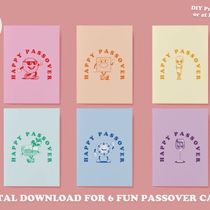 May include: Six printable cards with a fun Passover theme. Each card features a different illustration of a Passover symbol with a happy face, such as a matzah, wine glass, and a plate of charoset. The text "Happy Passover" is written in a circle around each illustration.