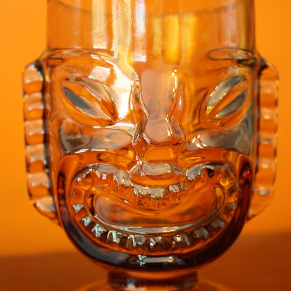 Vintage large amber tiki head glass or vase // Hawaiian home decor