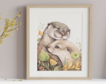 Affiche de loutres / fosterillustrations / cute animal print / artprint spring collection / otter art print / maman et son bébé