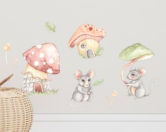 Petites souris et maisons champignons / Autocollant mural / Boho wallmural / Mice illustrations / Collants muraux faits au Québec /  Adhésif