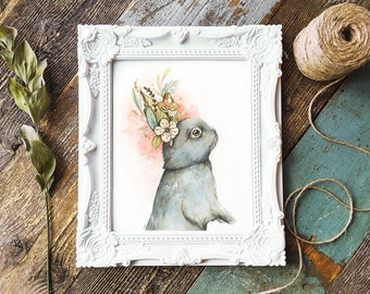 Lapin fleuri d'automne / rabbit illustration / rabbit portrait / rabbit watercolor / affiche de lapin avec fleurs / promo fete du travail