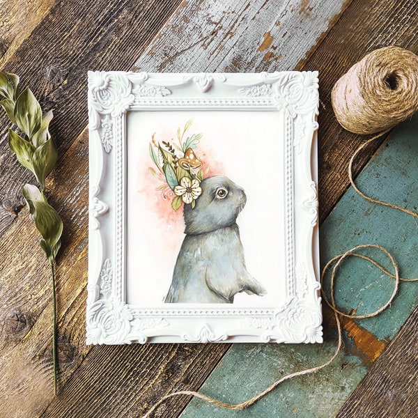 Autumn flowering rabbit / rabbit illustration / rabbit portrait / rabbit watercolor / rabbit poster with flowers / promo work party