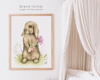 Affiche grand format d'un lapin bélier / Illustration lapin beige / Animal avec fleurs / Nursery artprint / Affiche à encadrer