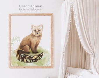 Large format poster of a marten / Drawing of a beautiful weasel / Animal of Quebec / Animal with flowers / Nursery print / Poster to frame