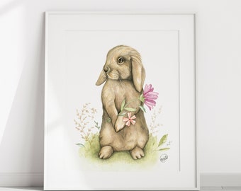 Affiche d'un lapin bélier / Illustration lapin beige / Animal avec fleurs / Nursery artprint / fosterillustration / Affiche a encadrer / art