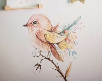 Autocollant mural d'un oiseau rose / Vinyle autocollant / Bird illustration / Nursery sticker / Wallpaper illustration / fosterillustrations