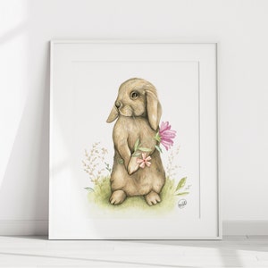 Affiche d'un lapin bélier / Illustration lapin beige / Animal avec fleurs / Nursery artprint / fosterillustration / Affiche a encadrer / art image 1