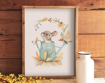 Large format rabbit poster and watering can vintage / spring summer / drawing rabbit / farm animal / farmhouse art / rabbit illustration