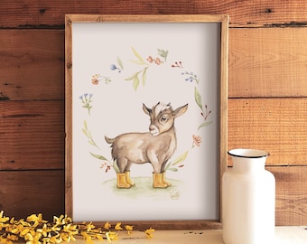 Affiche grand format de la chèvre en bottes de pluie / printemps été / dessin chèvre / animal de la ferme / farmhouse art / vintage art