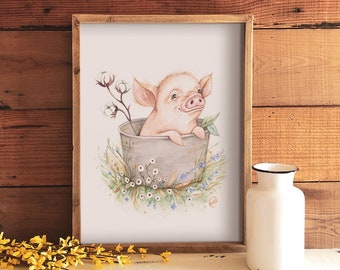 Large format pig and cotton flower poster / spring summer collection / cute animal artprint / nursery illustration / farmhouse art