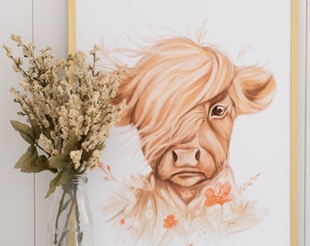 Affiche grand format du veau highland / printemps été / dessin vache / animal de la ferme / farmhouse art / highland cow illustration