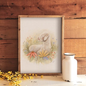 Large format poster of lamb and field flowers / spring summer / drawing sheep / farm animal / farmhouse / cute lamb drawing image 1