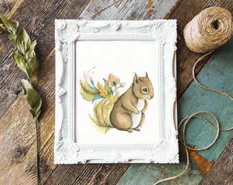 Illustration of a small squirrel / autumn poster / watercolor with a squirrel / print 8x10 / watercolor art print / think local