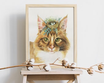 Illustration de Maincoon /  Cats illustration / Animal portrait painting / Animal avec fleurs / Collection d'automne / promo fete du travail