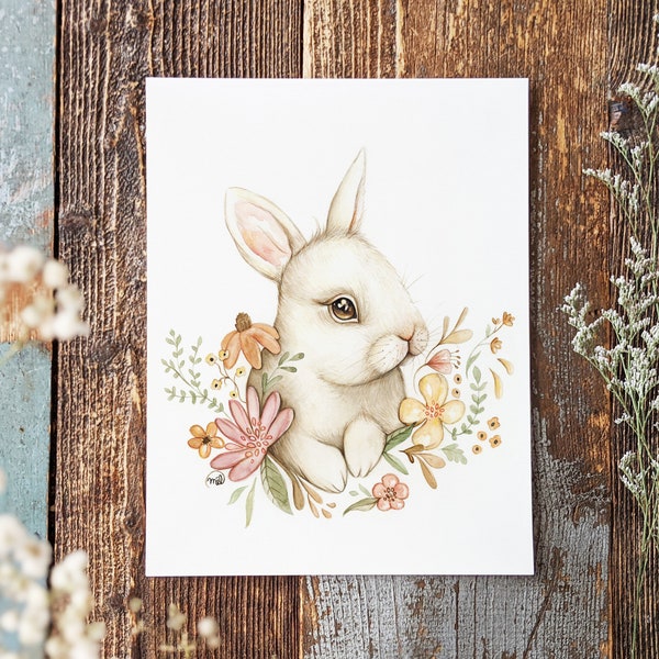 Poster of a cute white rabbit / Decoration children's room / Cute rabbit / Poster drawing watercolor / Art print / Poster 8x10 in