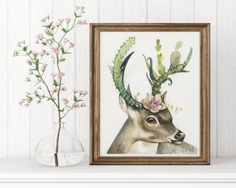 Deer with cactus plume / deer illustration art / fosterillustrations / deer print / deer with flowers / deer watercolor / floral crown