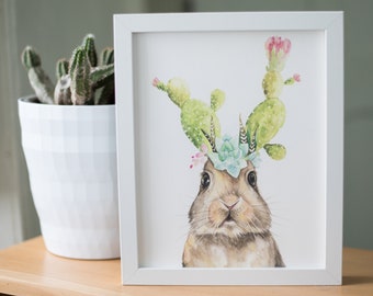 Lapin avec oreilles en cactus / rabbit with crown flowers / portrait de petit lapin / aquarelle avec bébé lapin / black friday