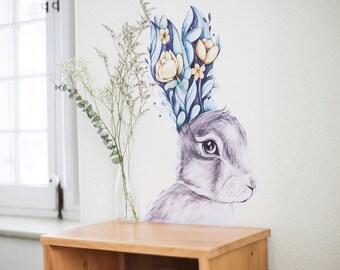 Flowering hare wall tights / Rabbit mural / Wallpaper illustration / Adhesive made in Quebec City / Rabbit wall decoration