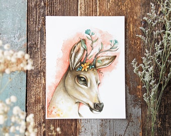 Affiche d'un cerf avec fleurs / Deer head illustration / Collection illustration été / Illustration avec chevreuil / fosterillustrations