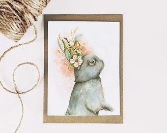 Carte du lapin fleuri d'automne / carte shower bébé / carte à offrir / fosterillustrations / cartes fait à québec / flowers crown card