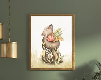 The bear lets itself bloom / Large format poster / Mom bear / Large format reproduction / Nursery art print / Bear illustration / foster