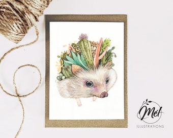 Greeting Card with a Cactus Hedgehog / Birthday Card / Invitation Card with Hedgehog / Greeting Card with Cactus / 4.25x5.5"