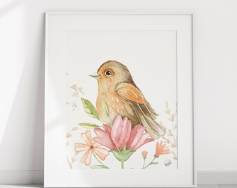 Poster of a bird in flowers / Oiseau du Québec / Bird art print / Summer poster / fosterillustration / Cute bird art