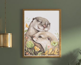 Large format poster of otters / fosterillustrations / otter art / artprint spring collection / otter art print / mom baby