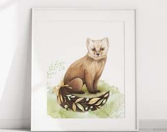 Affiche d'une martre / Dessin d'une belle belette / Animal du Québec /  fosterillustration / Marten illustration