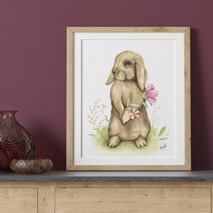 Affiche d'un lapin bélier / Illustration lapin beige / Animal avec fleurs / Nursery artprint / fosterillustration / Affiche a encadrer / art image 3