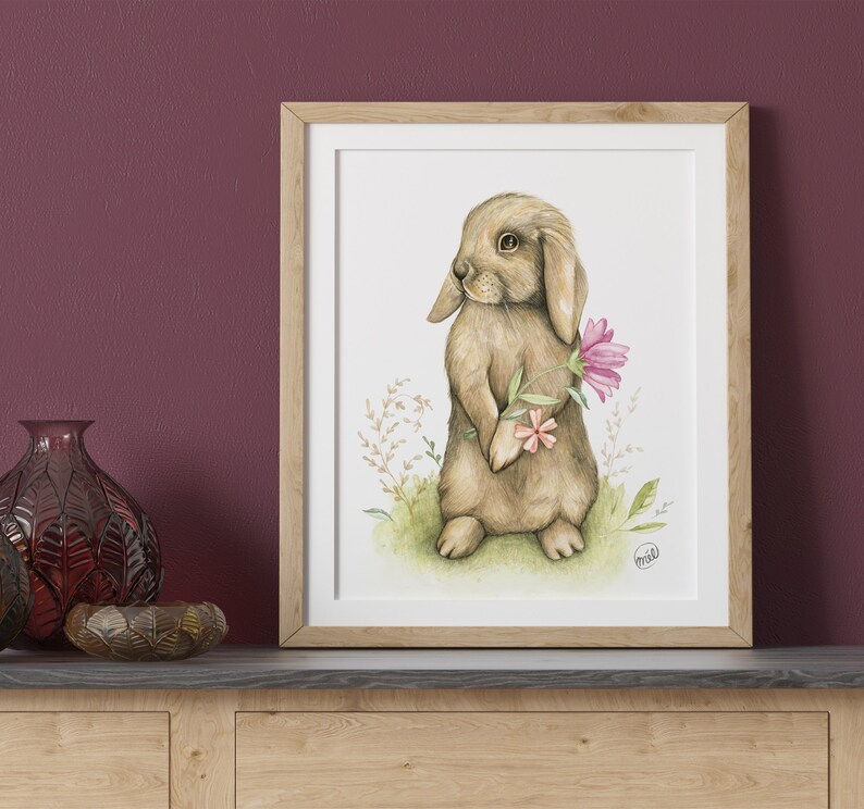 Affiche d'un lapin bélier / Illustration lapin beige / Animal avec fleurs / Nursery artprint / fosterillustration / Affiche a encadrer / art image 3