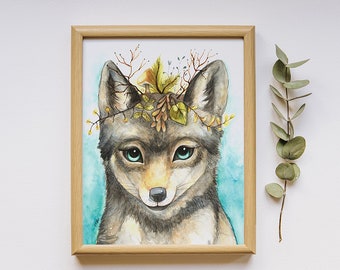 Dessin d'un petit loup / loup avec couronne florale / bébé loup à encadrer / fosterillustrations / baby wolf with crown / black friday