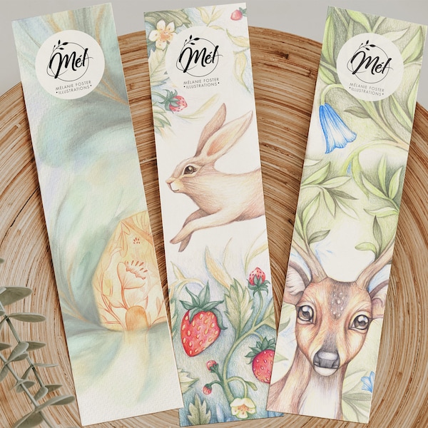 Signet collection printemps / marque-page printemps / colorpencildrawing / bookmarks / cerf illustration / melaniefosterillustrations