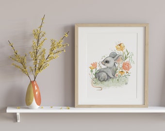 Poster gray mouse / fosterillustrations / cute animal print / artprint spring collection / drawing little mouse / 8x10 art