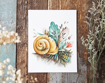 Poster of a snail / 8x10 print / fosterillustrations / illustration of snail and flowers / art on paper / watercolor snail / snail art