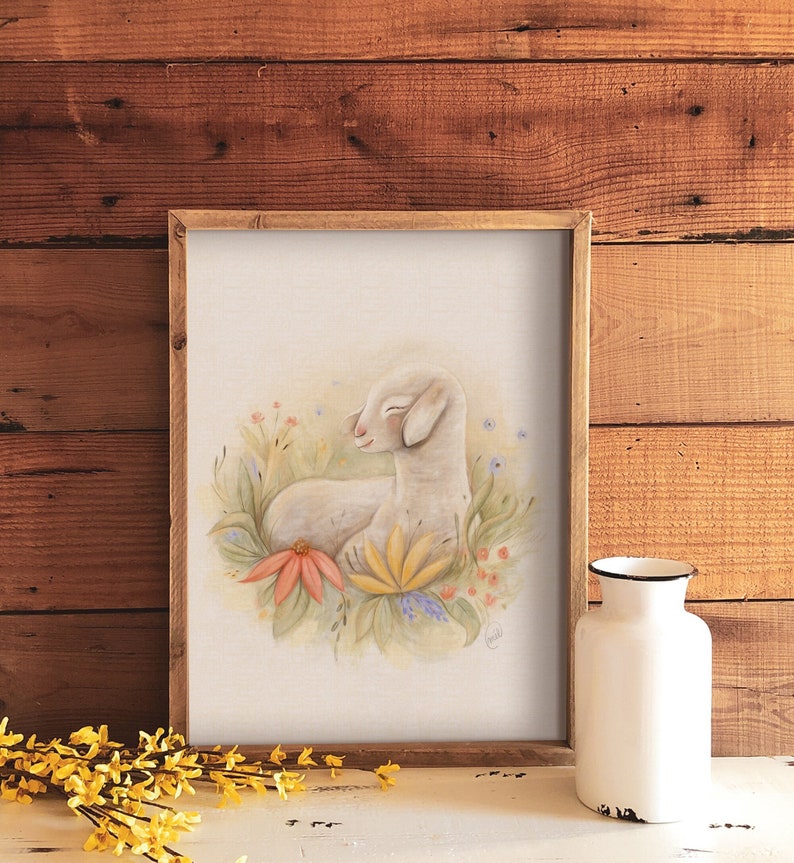 Large format poster of lamb and field flowers / spring summer / drawing sheep / farm animal / farmhouse / cute lamb drawing image 1
