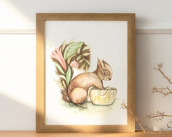 Affiche écureuil et panier / 8x10 / squirrel illustrations / illustration vintage / fosterillustrations / affiche papier