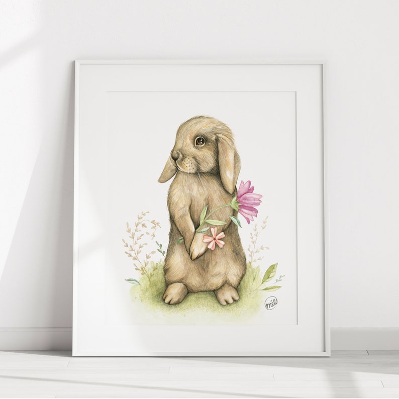 Poster of a rabbit ram / Illustration beige rabbit / Animal with flowers / Nursery artprint / fosterillustration / Poster to frame / art image 1