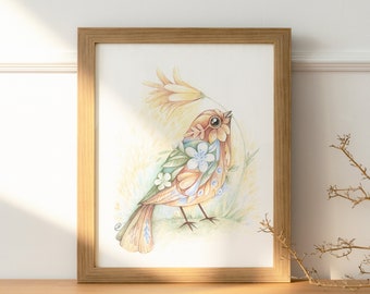 Poster L'oiseau en fleurs / fosterillustrations / colorpencildrawing / artprint spring collection / bird illustration / poster to frame