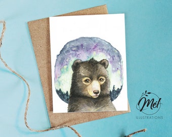 Carte de voeux avec un ours noir / carte avec ours du Québec / carte invitation fête enfant / carte visuel forêt boréale / 4.25x5.5 pouces